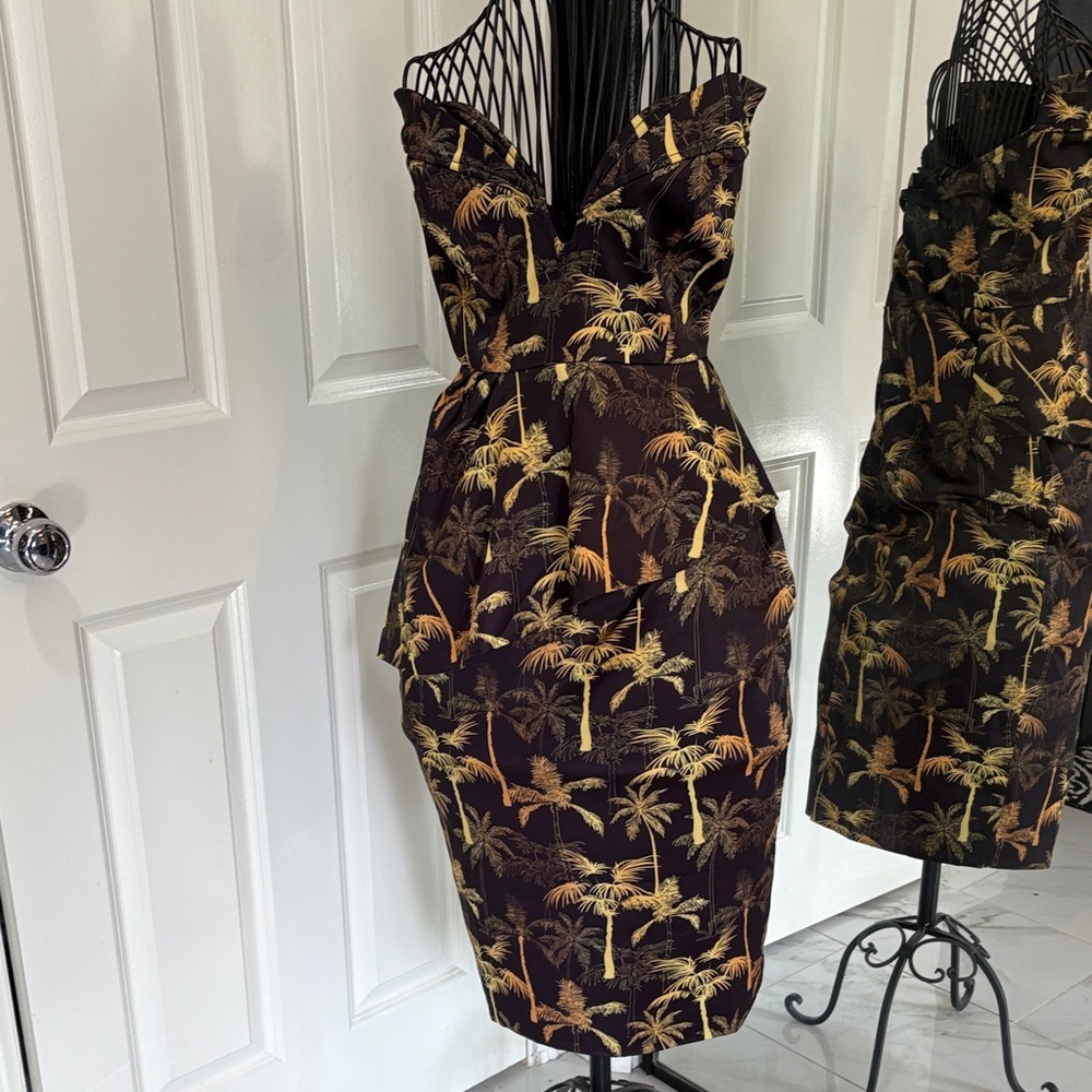Pinup Couture Strapless Palm Print Cocktail Dress in Black and Gold
